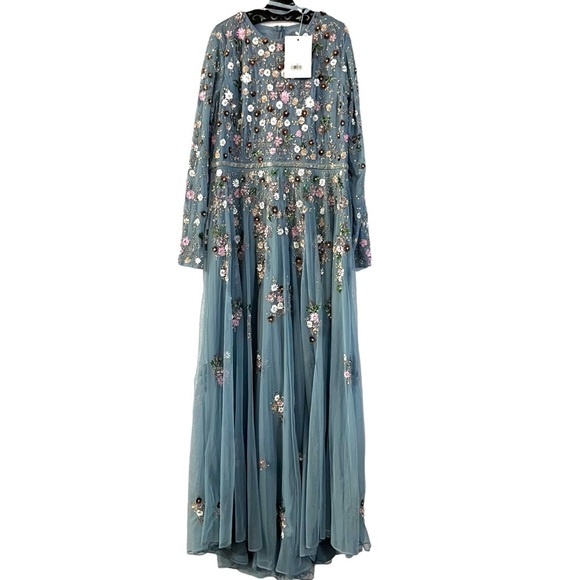 MAC DUGGAL Sequined Floral Long Sleeve High Neck Gown in Slate Blue Multi 5721 - Picture 4 of 8